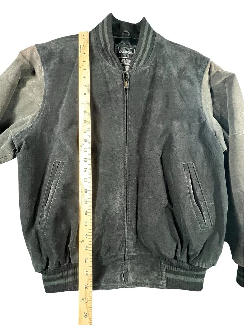 Outbrook Leather Bomber Jacket Black Gray Suede Varsity Zip Jacket Men’s M